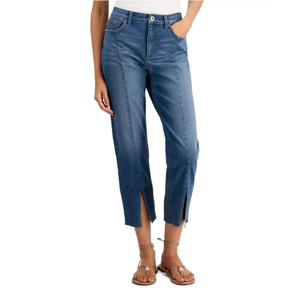 INC International Concepts Women's High Rise Slit-Hem Crop Jeans,  Medium Indigo